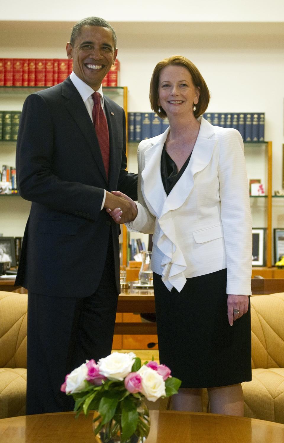 U.S. President Barack Obamaand Australian Prime Minister Julia Gillard shake hands during a bilateral meeting at Parliament House in Canberra on Nov. 16, 2011.&nbsp;