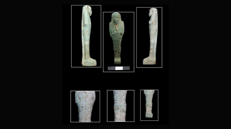 Different angles of an Egyptian statue made of greenish stone