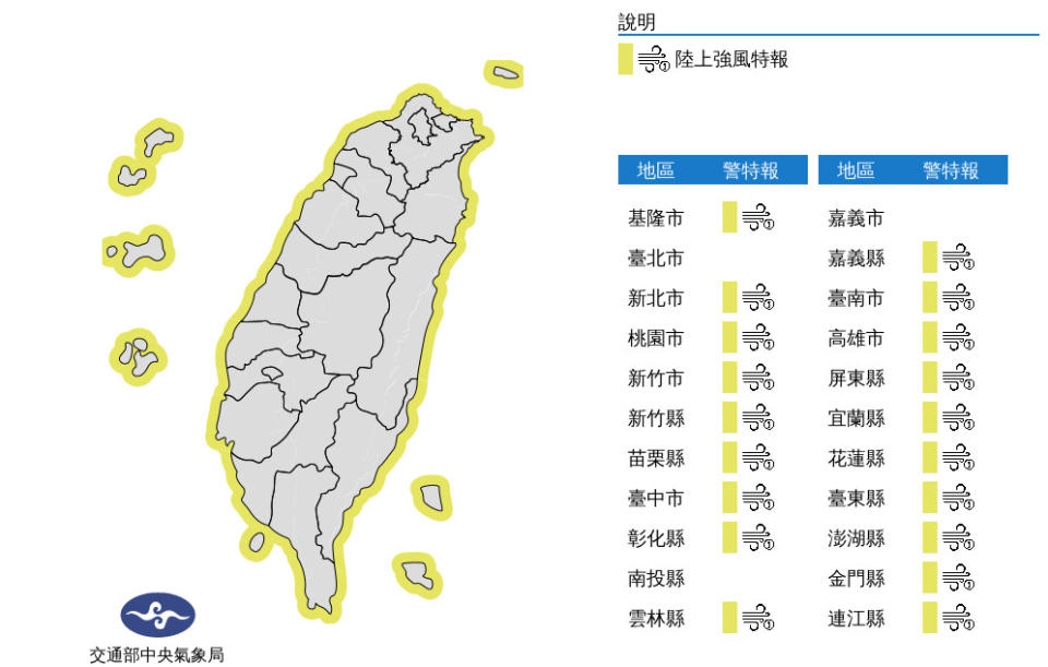 全台各地嚴防強風。（圖／中央氣象局）