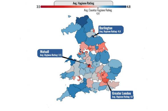 Map showing the best and worst areas for food hygiene.