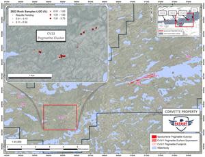 Location of the CV13 lithium pegmatite cluster, along trend of the CV5-1 lithium pegmatite corridor and the CV8-12 lithium pegmatite cluster