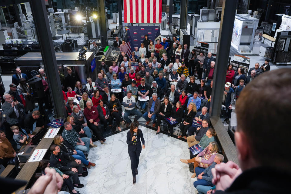 Former U.S. ambassador to the United Nations Nikki Haley gives a speech Feb. 20 in the middle of Royal Flooring in Urbandale.