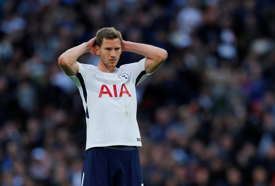 Tottenham’s Jan Vertonghen looks dejected REUTERS/Eddie Keogh