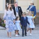 <p>Princess Madeleine attended the baptism of her nephew, Prince Julian, at Drottningholm Castle Chapel in Stockholm, Sweden. She's pictured here with her husband and their three children, Princess Adrienne, Prince Nicolas, and Princess Leonore.</p>