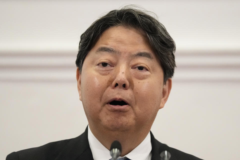 Japanese foreign minister Yoshimasa Hayashi speaks to the media after meeting with his Sri Lankan counterpart Ali Sabry in Colombo, Sri Lanka on Saturday, July 29, 2023. (AP Photo/Eranga Jayawardena)