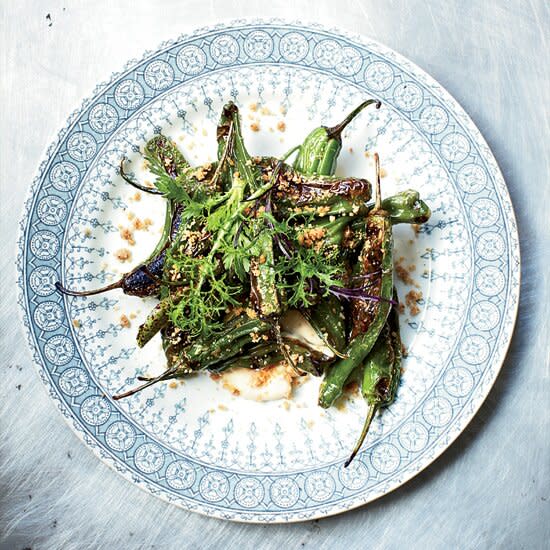 Shishito Peppers with Bonito Sand and Tofu Mustard