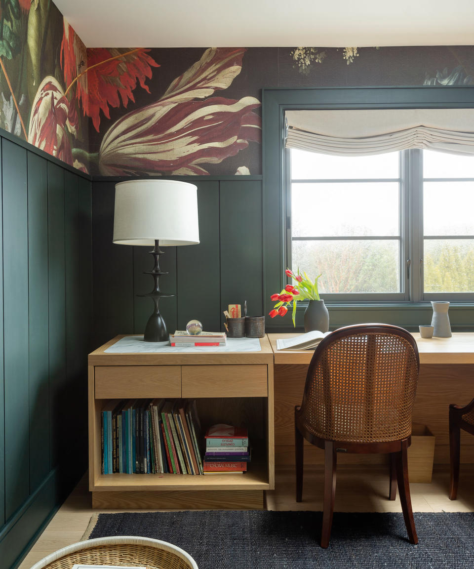 <p> Introduce wallpaper into a study to inject a hit of pattern – it will ensure the room remains defiantly on the side of domestic despite the paraphernalia and machinery necessary to support working from home.  </p> <p> If the desk stands within a larger, open-plan space, wallpapering the joinery surrounding it will help zone the work area from the rest of the room.  </p> <p> If you’re concerned that a bold wallpaper design might overpower a small room, panel the lower or upper half of the wall. This is also a great way of adding interest to walls without over-stretching the budget.  </p>