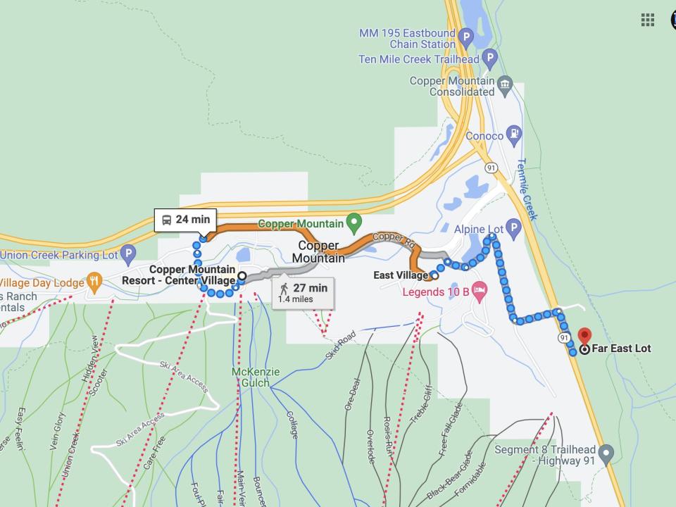 A screenshot of the transportation options to-and-from a parking lot at Copper Mountain and the resort.