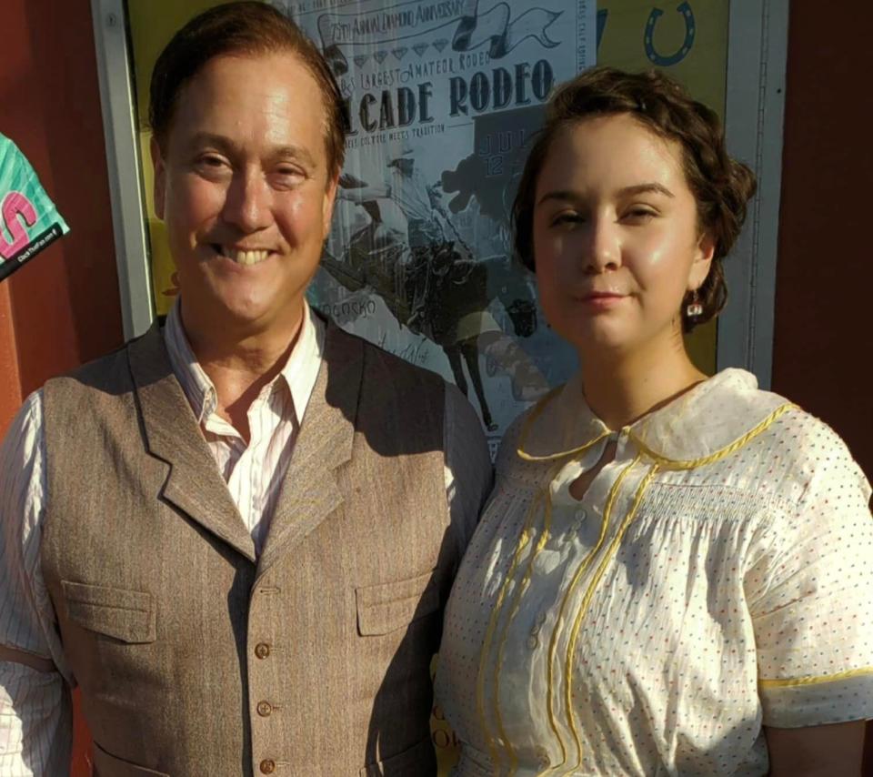 Osage Nation citizen Russ Tallchief and his daughter Wanbli Tallchief appear in costume on the set of "Killers of the Flower Moon." They were among the hundreds of Oklahomans and Osages who worked as extras on the movie was it was filming in and around Pawhuska in 2021.