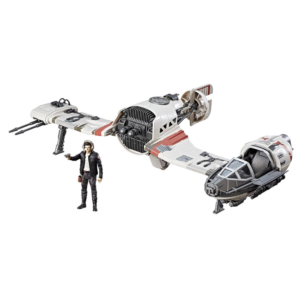 <p>“His high-speed Resistance Ski Speeder gives him the upper hand when he needs to outrun and outmaneuver the First Order. Imagine soaring through the galaxy as the Resistance’s leading pilot, Poe Dameron! Inspired by <em>Star Wars: The Last Jedi</em>, this 3.75-inch scale vehicle features blast-off wings with firing projectiles as part of its detailed and intricate design with a motion-tilt mechanism. $39.99 (Photo: Hasbro) </p>