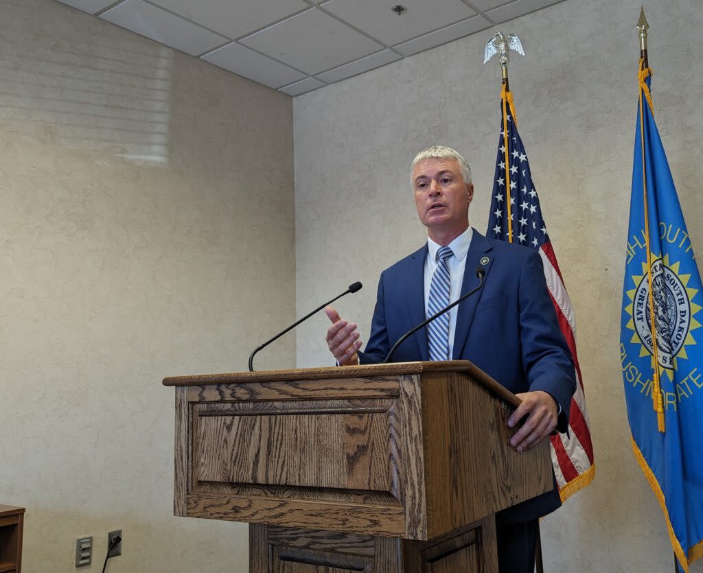 South Dakota Attorney General Marty Jackley talks about charges filed against 11 prison inmates on April 23, 2024, at the Law Enforcement Center in Sioux Falls. (John Hult/South Dakota Searchlight)
