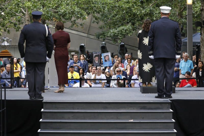 Family members of the victims read the names of the people who perished at the World Trade Center during the 911 Commemoration Ceremony at the National September 11th Memorial and Museum in New York City on Monday, September 11, 2023. Photo by Peter Foley/UPI