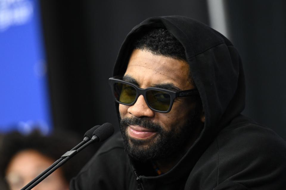 Dallas Mavericks guard Kyrie Irving speaks during a media availability as part of the 2023 NBA All-Star weekend in Salt Lake City on Feb. 18, 2023. (Patrick T. Fallon / AFP via Getty Images)