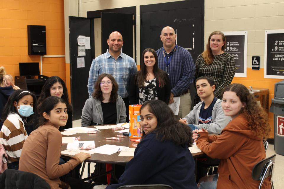 (Standing) SCVTHS Peer Mentor Advisors Supervisor of Career and Technical Education Rob Carrig, Science Instructor Shannon Melick, Supervisor of Alternative Education Chris Lemongelli, Administrative Assistant Rachel Glerum, (seated back row, left to right) SCVTHS Peer Mentees Chloe Upton of Watchung, Valeria Reinoso of Hillsborough, SCVTHS Peer Mentor Kye Taran of Bedminster, Peer Mentees Joseph Spagnolo of Branchburg, (seated front row, left to right) Pari Malla of Branchburg, Syna Singla of Hillsborough, and SCVTHS Peer Mentor Julia Beatty of Manville pose for a photo during a recent Peer Mentor group meeting.