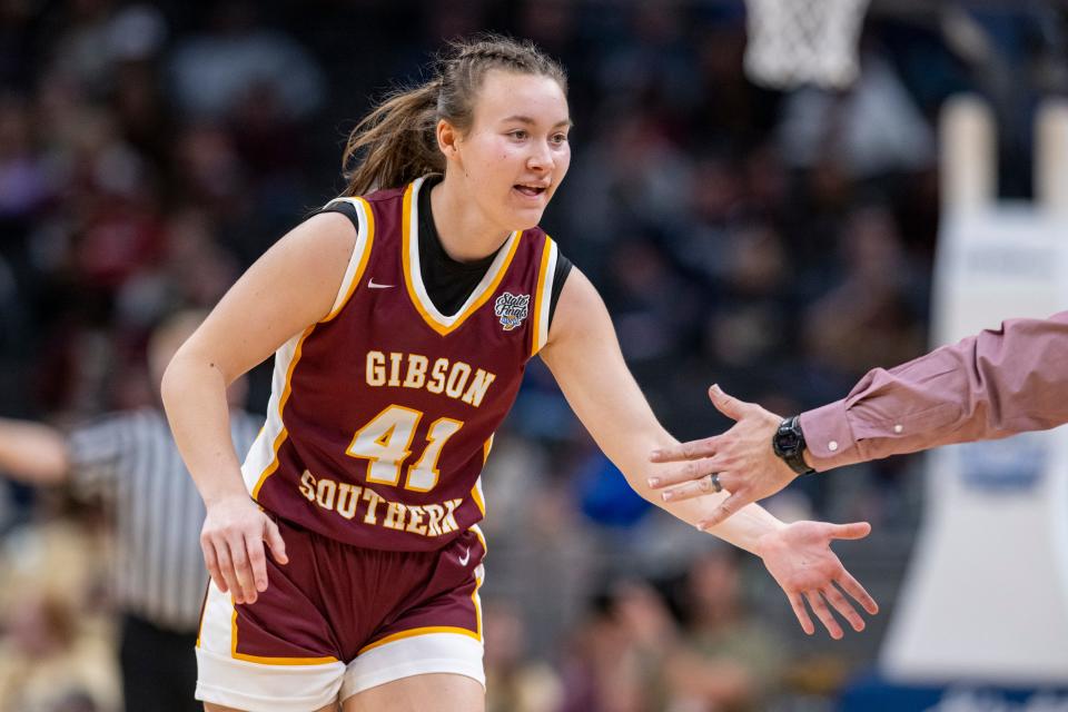 Gibson Southern High School senior Chloey Graham (41) reacts as she runs off the court during a break in the second half of an IHSAA class 3A girls’ basketball state finals game against Norwell High School, Saturday, Feb. 24, 2024, at Gainbridge Fieldhouse, in Indianapolis. Gibson Southern won, 63-60.