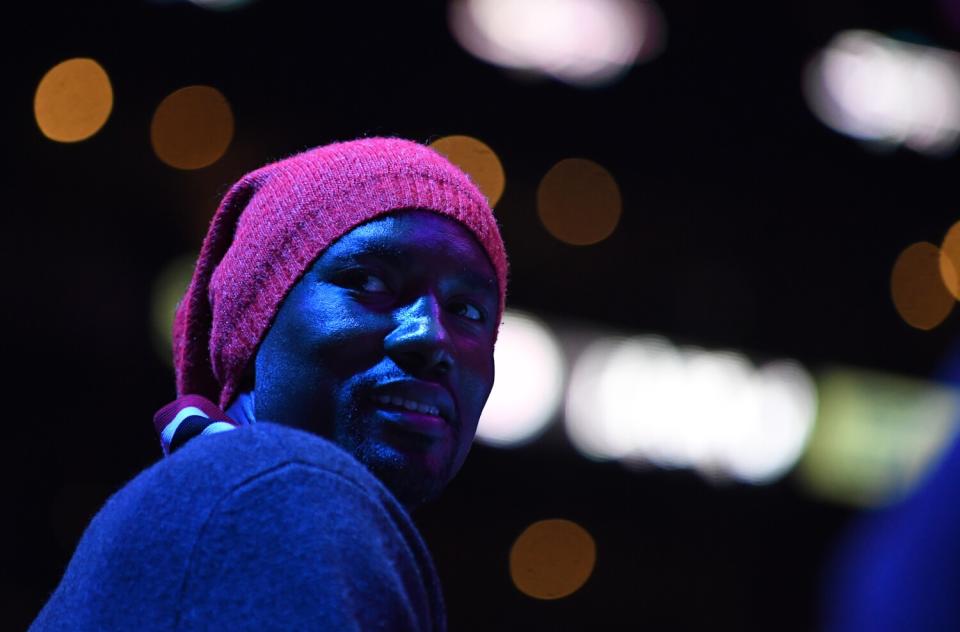 Serge Ibaka of the Clippers looks around during a timeout against the Thunder