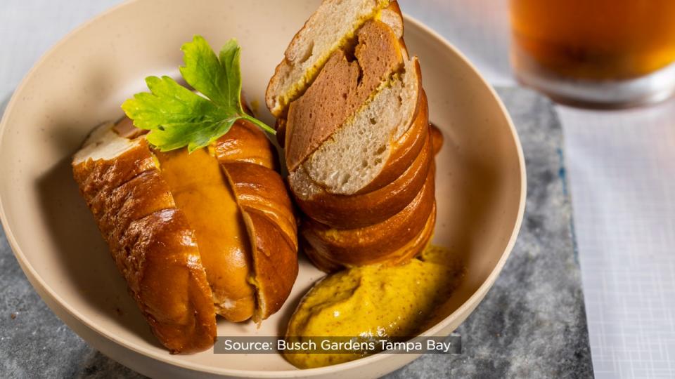 Bratwurst, pretzel roll, spicy mustard