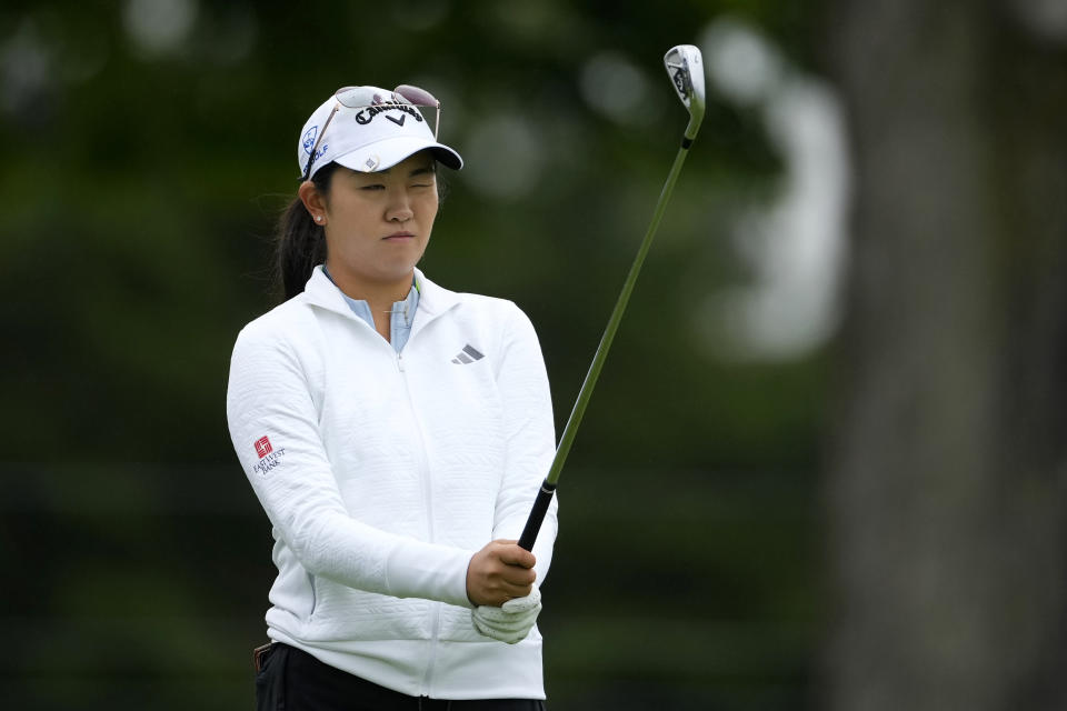 Rose Zhang prepares to tee off on the fourth hole during the first round of the Women's PGA Championship golf tournament, Thursday, June 22, 2023, in Springfield, N.J. (AP Photo/Matt Rourke)