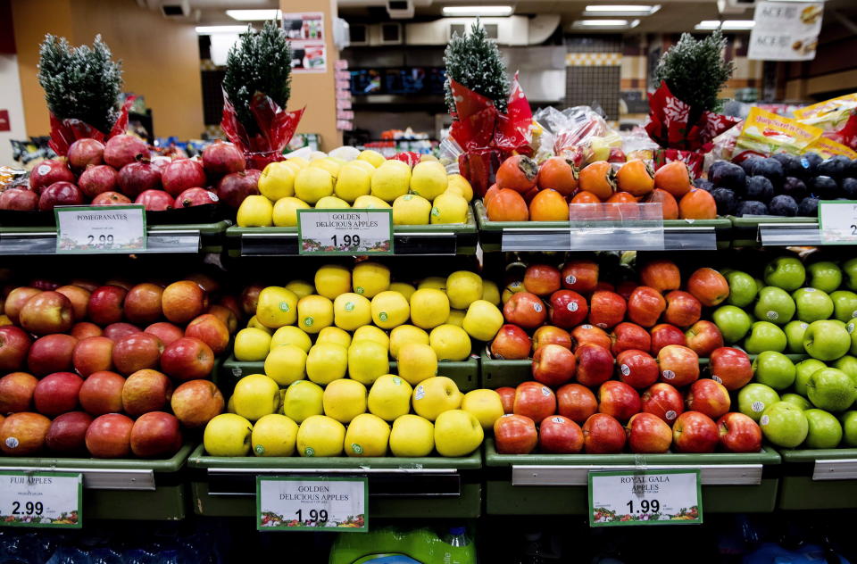 Produce is shown in a grocery store in Toronto on Friday, Nov. 30, 2018. An annual report estimates the average Canadian family will pay about $400 more for groceries and roughly $150 more for dining out next year. THE CANADIAN PRESS/Nathan Denette