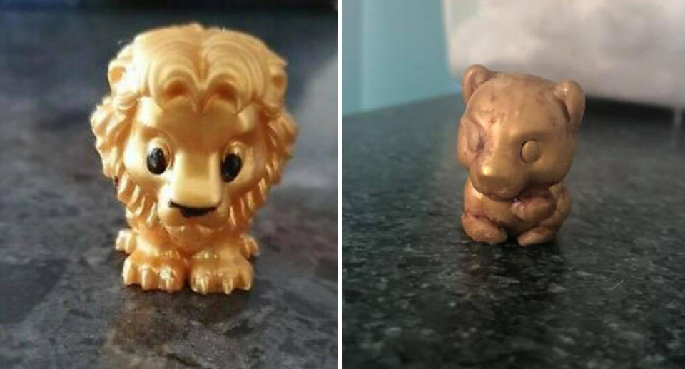 Pictured are two dirty Lion King Ooshies that have been removed from a dog. 