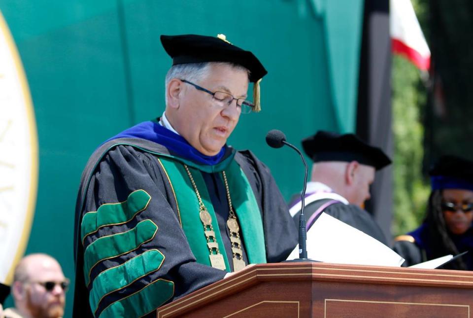 Cal Poly President Jeffrey Armstrong speaks to the students on Saturday as Cal Poly honored more than 5,000 graduating students in six ceremonies on June 17 and 18, 2023, at Alex G. Spanos Stadium.