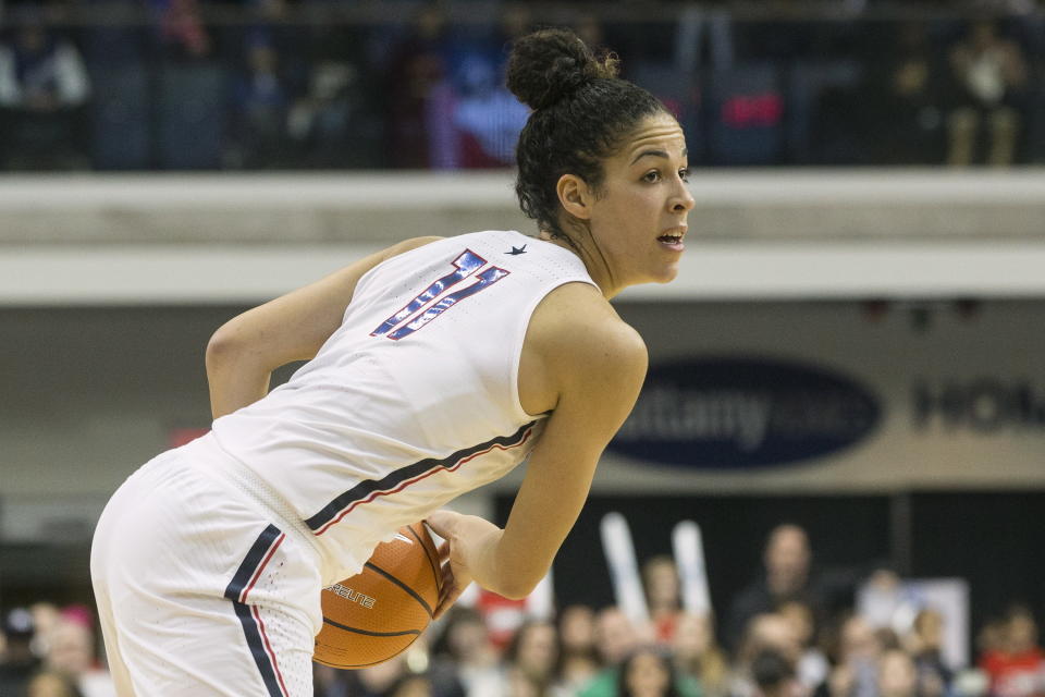 FILE - Connecticut's Kia Nurse looks to make a play during second-half NCAA college basketball game action against Duquesne in Toronto, Friday, Dec. 22, 2017. How well do you think you know the women’s NCAA Tournament? Try your luck at this AP trivia quiz about the history of March Madness. Don’t cheat!(Chris Young/The Canadian Press via AP, File)
