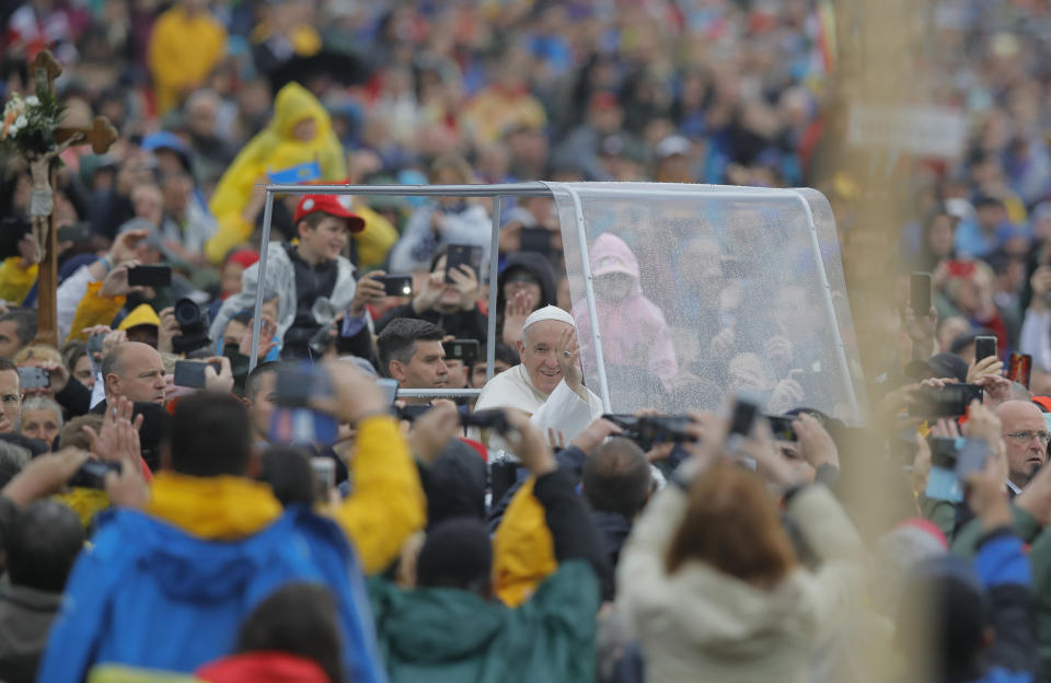 Pope Francis arrives to celebrate Mass at the Marian shrine, in Sumuleu Ciuc, Romania, Saturday, June 1, 2019. Francis began a three-day pilgrimage to Romania on Friday that in many ways is completing the 1999 trip by St. John Paul II that marked the first-ever papal visit to a majority Orthodox country. (AP Photo/Vadim Ghirda)