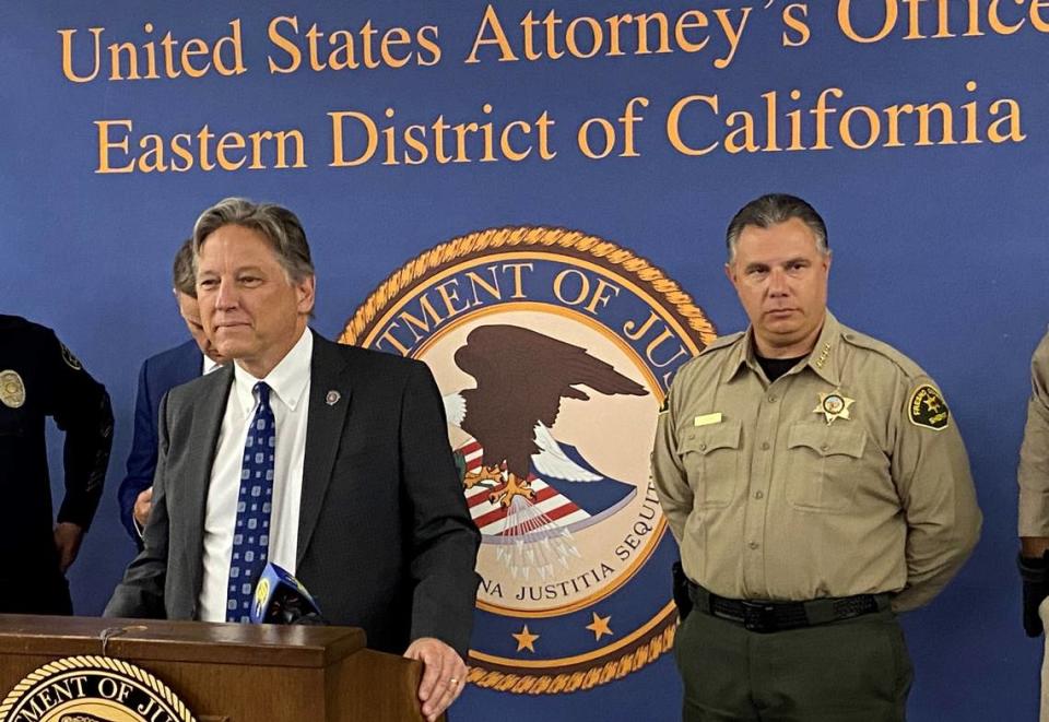 U.S. Attorney Phillip A. Talbert, left, Fresno County Sheriff John Zanoni participate in a news conference Thursday, July 27, 2023, at the Robert E. Coyle U.S. Courthouse. THADDEUS MILLER/tmiller@fresnobee.com