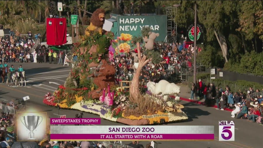 The San Diego Zoo's "It All Started With a Roar" float won the Sweepstakes Award at the 135th Rose Parade on Jan. 1, 2024.