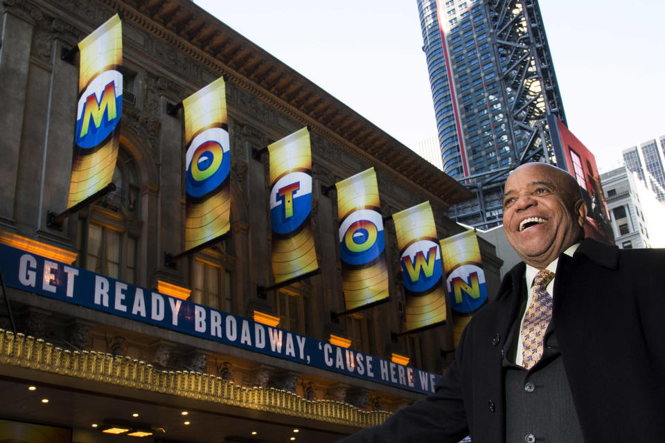 This March 5, 2013 photo shows Berry Gordy posing for a portrait in front of the Lunt-Fontanne Theatre in New York. For Berry Gordy, conquering Broadway is the next - and by his own admission, last - major milestone of a magical, musical career. The 83-year-old Motown Records founder is taking his story and that of his legendary label to the Great White Way. "Motown: The Musical," opens for previews Monday. (Photo by Charles Sykes/Invision/AP)