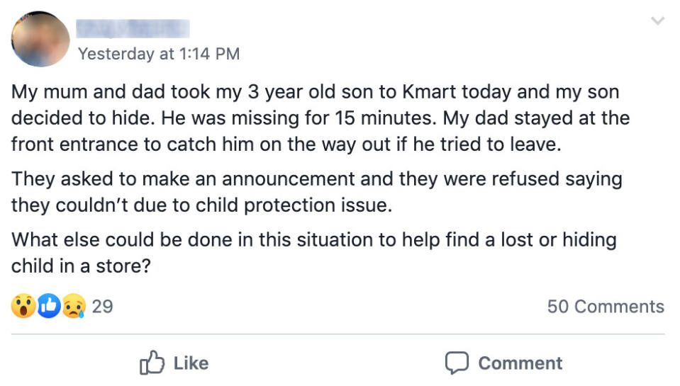 Mum's message about missing child in Kmart on Facebook