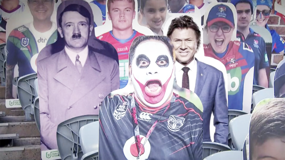 The image of Hitler, pictured here on a cardboard cut-out in the stands at an NRL game.