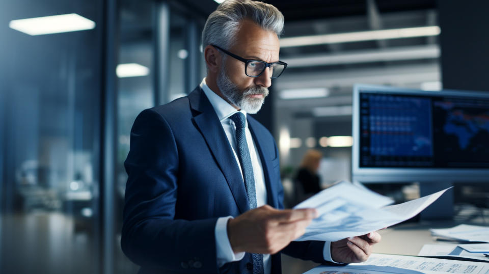 A well-dressed financial adviser in a modern office, discussing the client's portfolio.