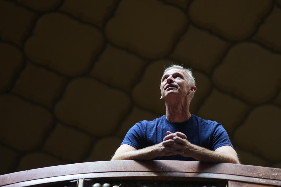 Former NHL goalkeeper Dominik Hasek poses for a photo after an interview with The Associated Press in Prague, Czech Republic, Wednesday, June 28, 2023. The NHL great has been a prominent and vocal critic of the International Olympic Committee's recommendation that Russians and Belarusians could compete in international competitions after being approved as neutrals. (AP Photo/Petr David Josek)