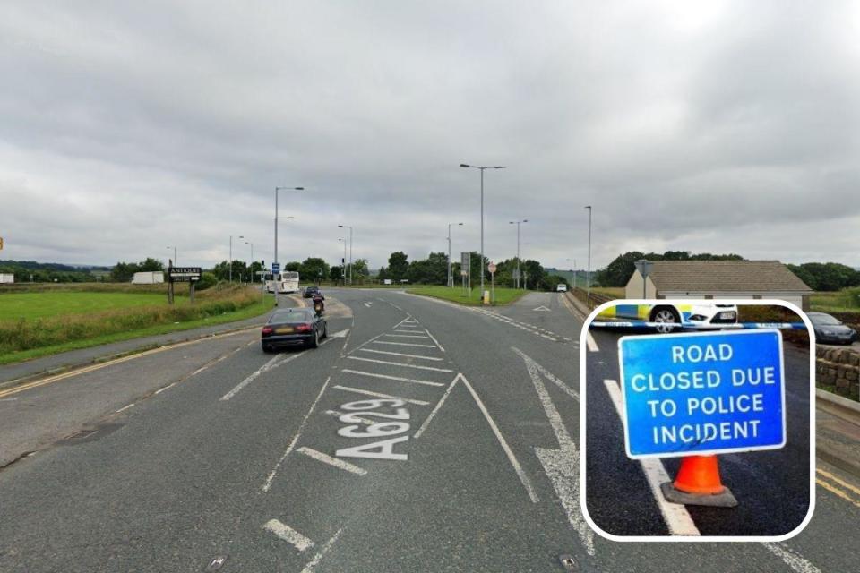 Police have closed Halifax Road, in Denholme, after a crash at its junction with Manywells Brow <i>(Image: Main Picture: Google Street View. Inset Picture: West Yorkshire Police)</i>