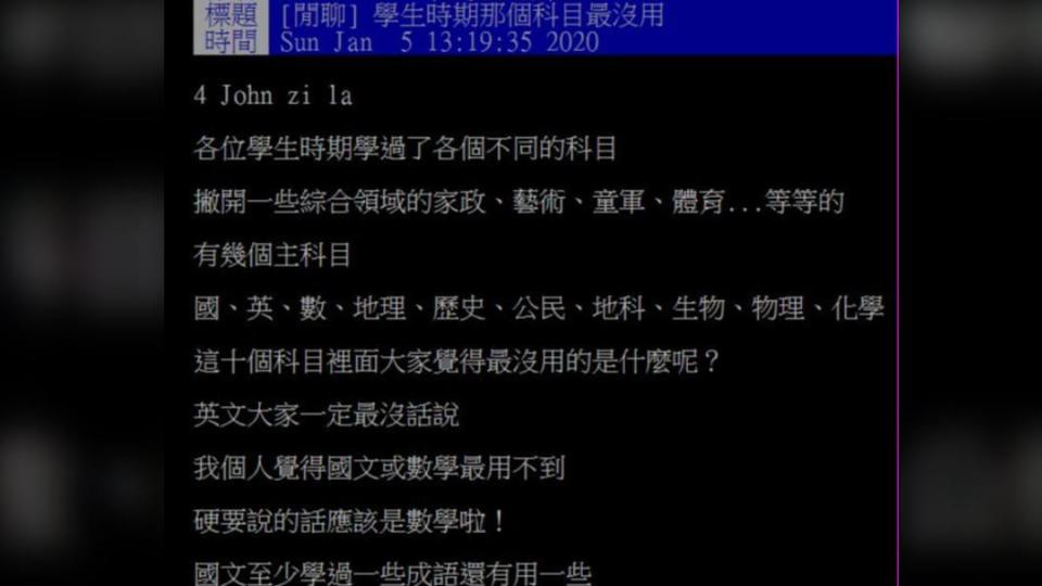 原PO發文詢問，網友們心中「最沒用」的科目為何？（圖／翻攝自PTT）