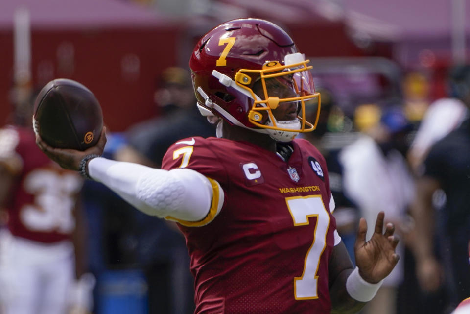 Washington Football Team quarterback Dwayne Haskins (7) throws the ball against the Philadelphia Eagles during first half of an NFL football game, Sunday, Sept. 13, 2020, in Landover, Md. (AP Photo/Susan Walsh)