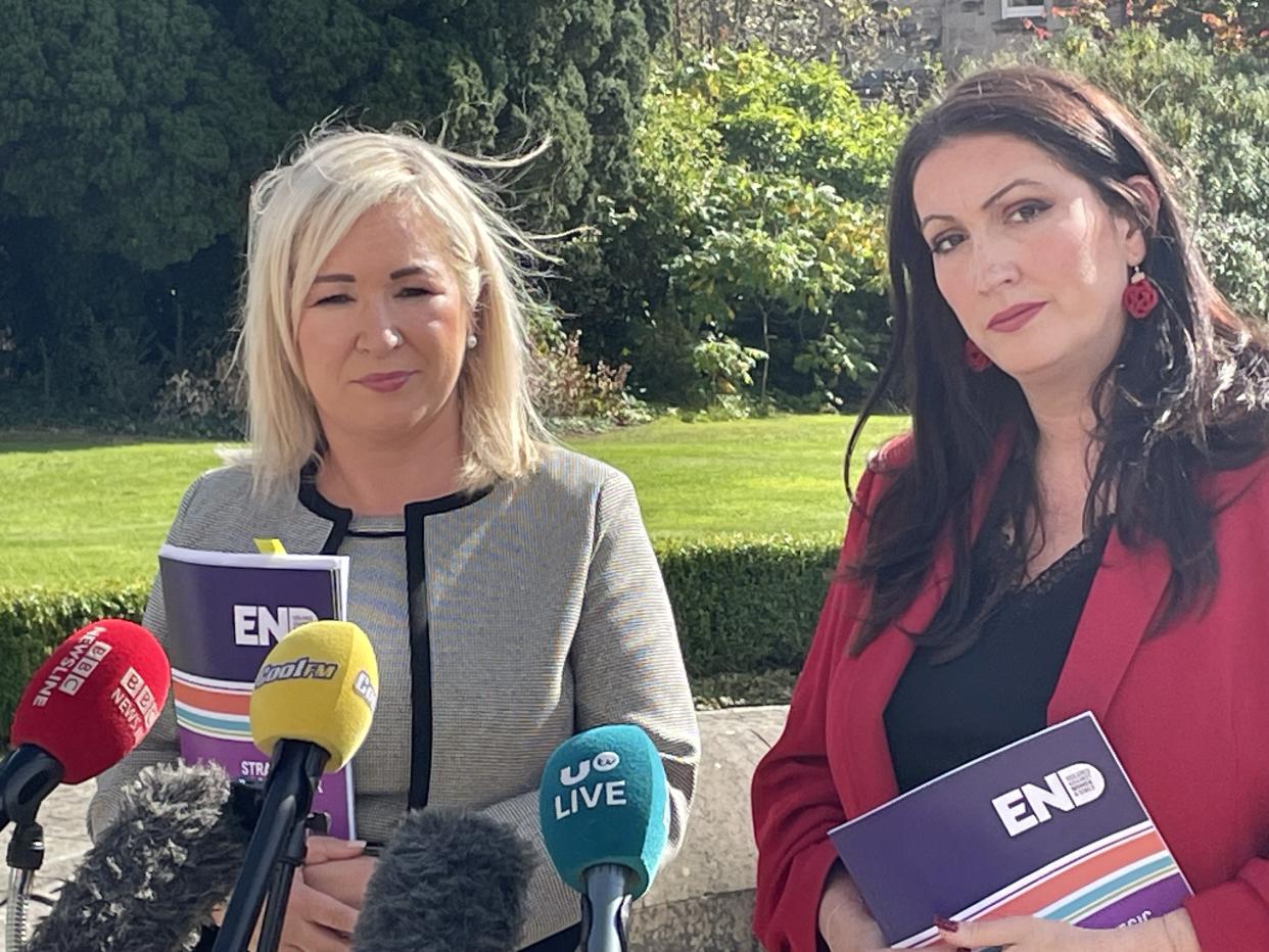 Stormont First Minister Michelle O'Neill and deputy First Minister Emma Little-Pengelly speaking to the media 