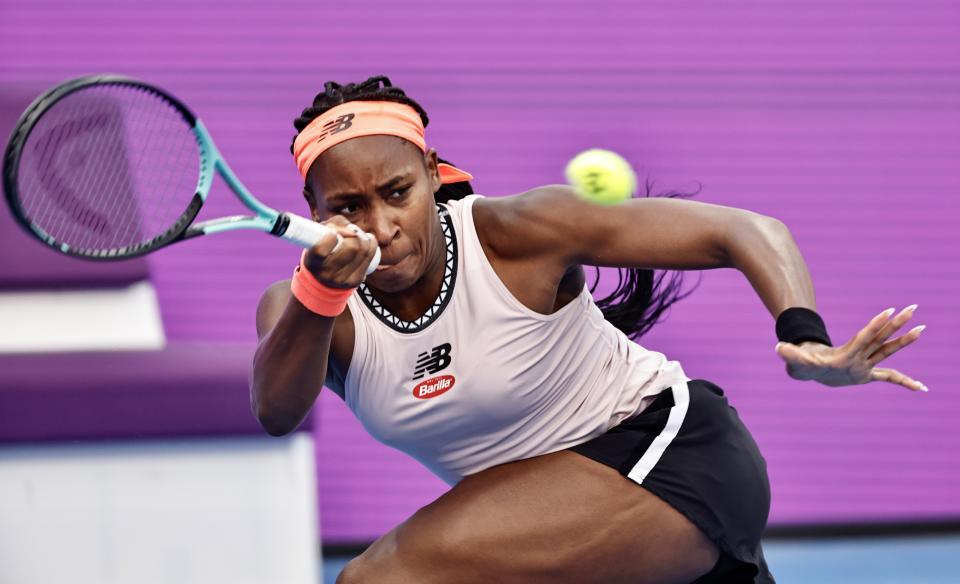 Seen here, Coco Gauff returning a shot against Petra Kvitova at the Qatar Open. 