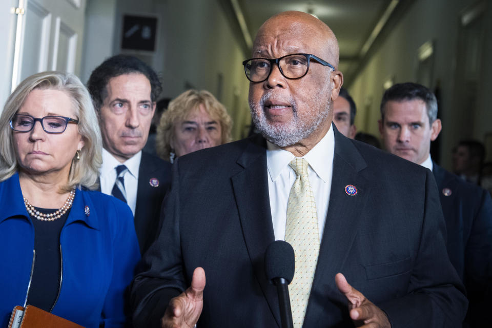 Chairman Bennie Thompson, D-Miss., addresses the media after the House Jan. 6 select committee hearing in Cannon Building to examine the January 2021 attack on the Capitol, on Tuesday, July 27, 2021. Also appearing from left are, Reps. Liz Cheney, R-Wyo., Jamie Raskin, D-Md., Zoe Lofgren, D-Calif., Pete Aguilar, D-Calif., and Adam Kinzinger, R-Ill. / Credit: Tom Williams/CQ-Roll Call, Inc via Getty Images