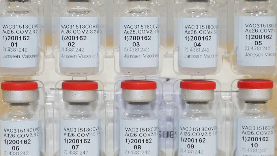 FILE - This Dec. 2, 2020 photo provided by Johnson & Johnson shows vials of the Janssen COVID-19 vaccine in the United States. Johnson & Johnson’s single-dose vaccine protects against COVID-19, according to an analysis by U.S. regulators Wednesday, Feb. 24, 2021, that sets the stage for a final decision on a new and easier-to-use shot to help tame the pandemic. The Food and Drug Administration’s scientists confirmed that overall, it's about 66% effective and also said J&J's shot, one that could help speed vaccinations by requiring just one dose instead of two, is safe to use. (Johnson & Johnson via AP)