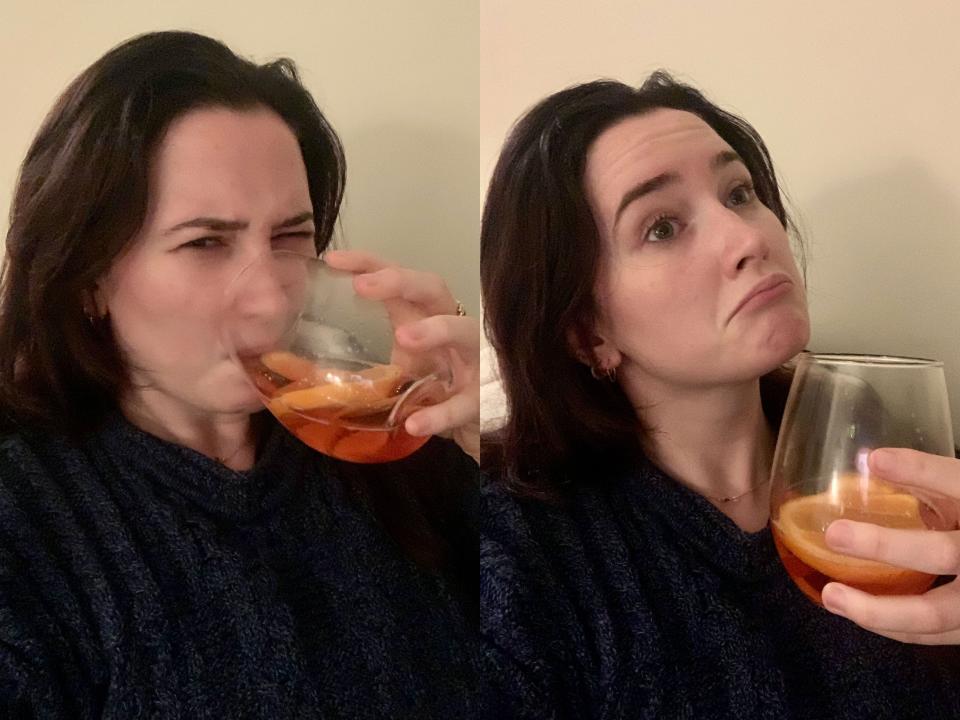 side-by-side images of the writer trying the negroni