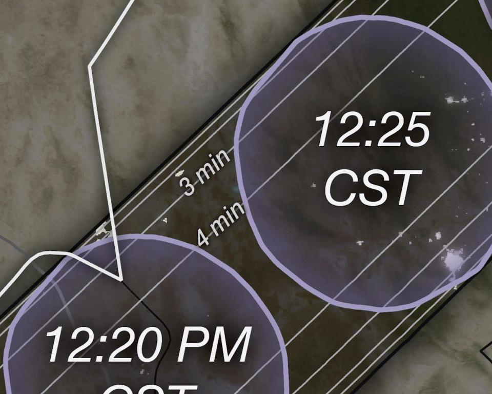 lines running down the eclipse's path in nasa map read 3 min to 4 min