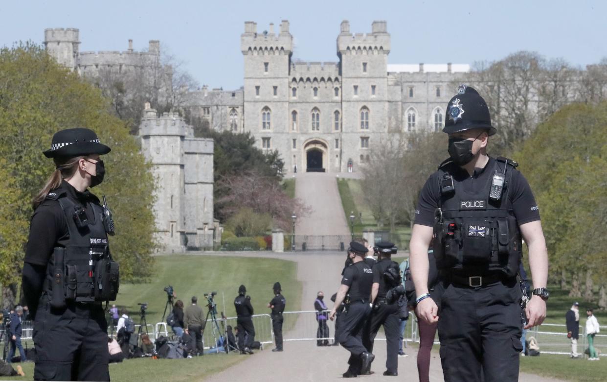 Police guards the Long Walk in Windsor, Saturday, April 17, 2021.