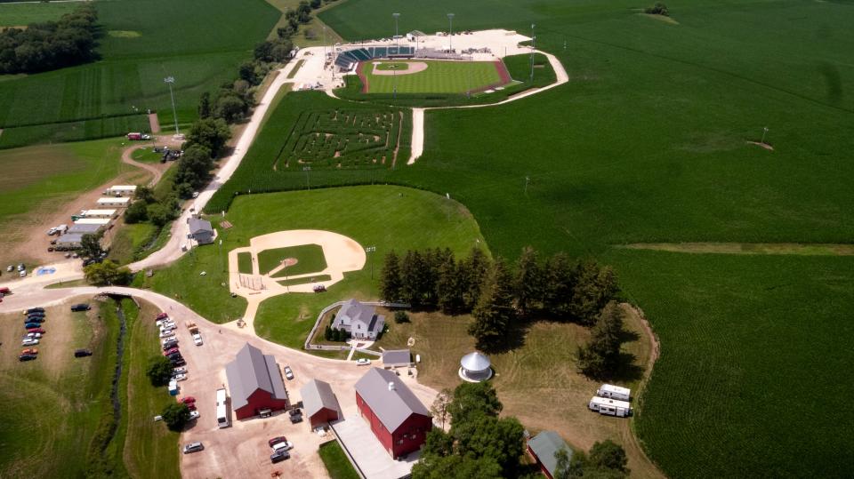 This aerial photo shows the temporary stadium (top) built for the MLB Field of Dreams game at the site where the movie was filmed near Dyersville.