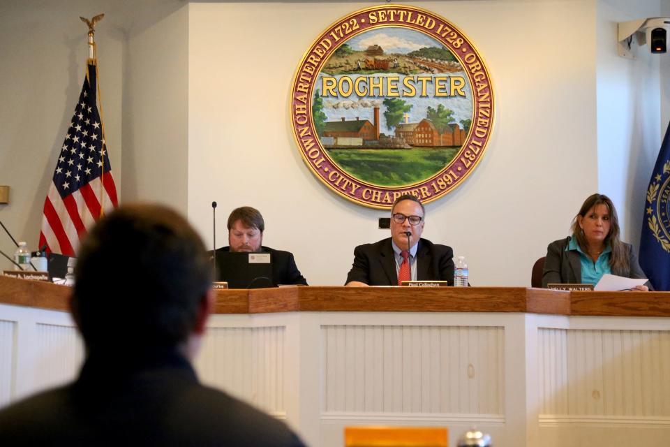 Rochester City Attorney Terence O'Rourke, left, Mayor Paul Callaghan and City Clerk Kelly Walters listen to City Councilor Chris Rice during his trial Thursday, May 12, 2022.