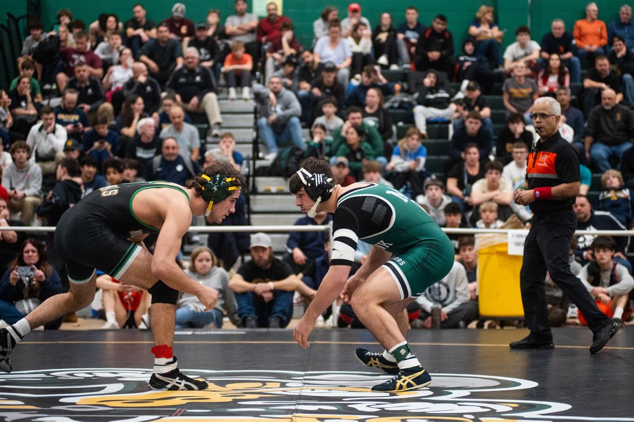 In the most anticipated finals match of the night, Minisink Valley's PJ Duke, right, wrestles Williamsville North East's Cameron Catrabrone for the 160 pound title during Eastern State Classic at SUNY Sullivan in Loch Sheldrake, NY on Saturday, January 13. 2024.