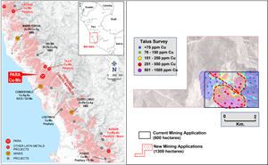 Location of Para Copper Project (left) and results of talus sampling survey, showing two primary anomalous zones highlighted with red dashed line. Newly staked claims are shown also.