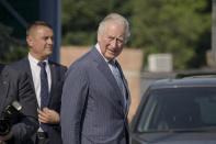 Britain's Prince Charles arrives at a center for refugees fleeing the war in neighboring Ukraine, at the Romexpo convention center in Bucharest, Romania, Wednesday, May 25, 2022.(AP Photo/Vadim Ghirda)