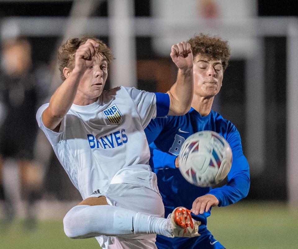 Luke Hanlon, left, scored two goals to help Olentangy defeat Olentangy Berlin 5-1 on Saturday in a Division I district final.